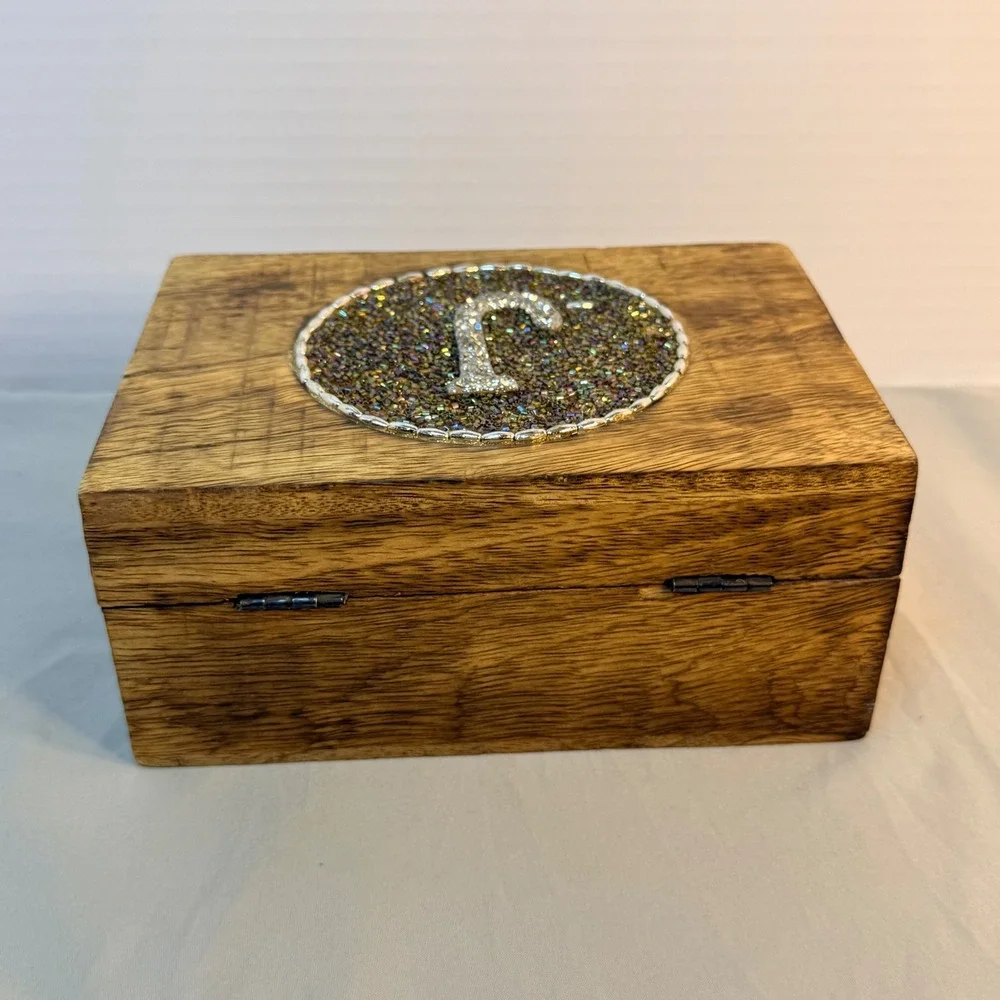 Home Essentials The Global Market Wooden Trinket Box Beaded Initial J Keepsake